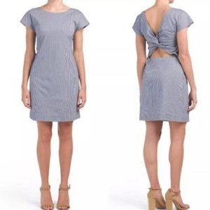 Theory Andrizza Dress Blue and White Soft Seersucker w/Open Criss Cross Back